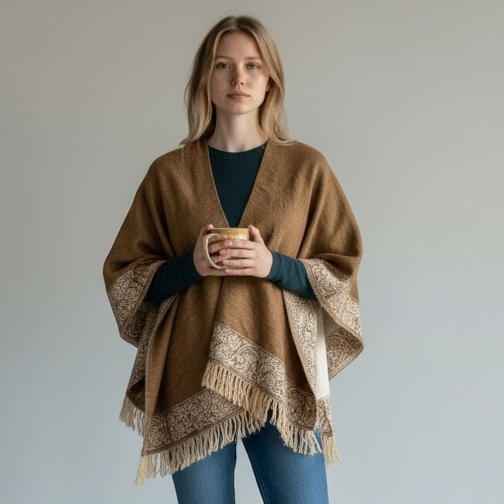 V. Fraas Poncho Wrap Women OS Brown Floral Paisley Fringe Shawl